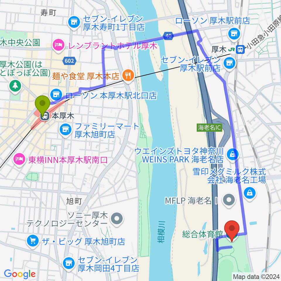 本厚木駅から海老名運動公園総合体育館へのルートマップ地図