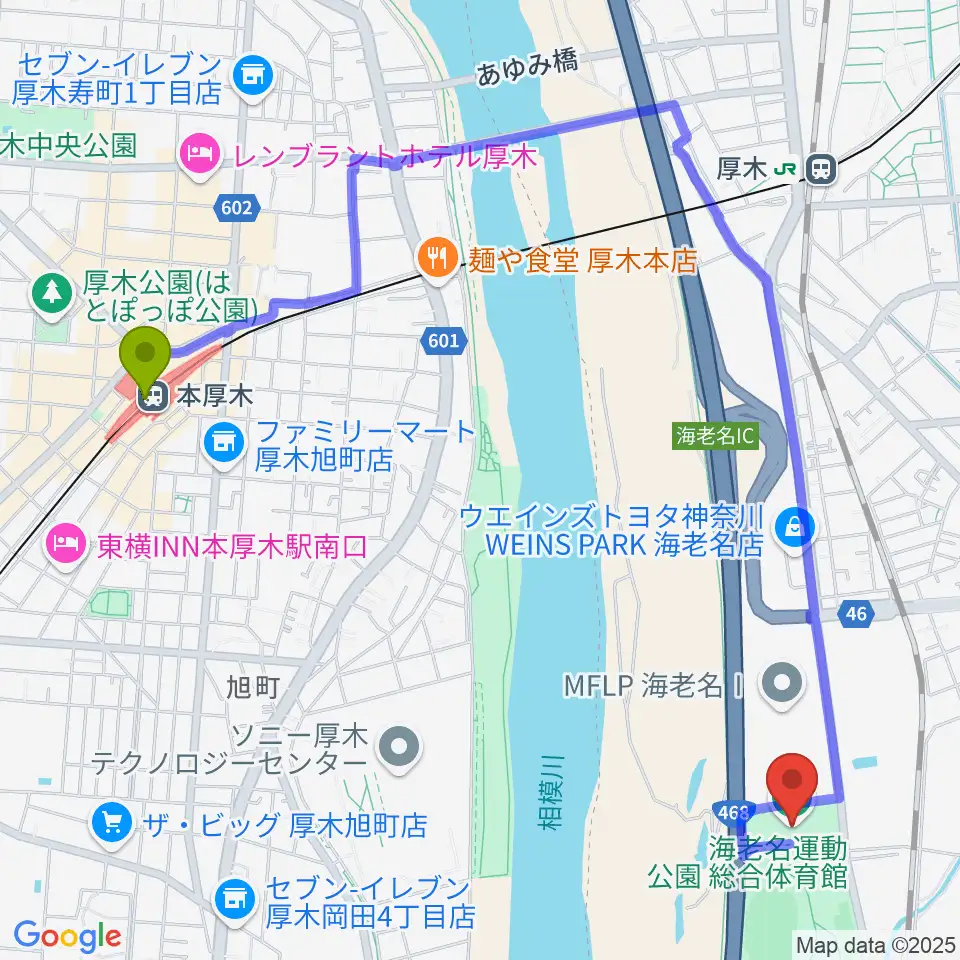 本厚木駅から海老名運動公園総合体育館へのルートマップ地図