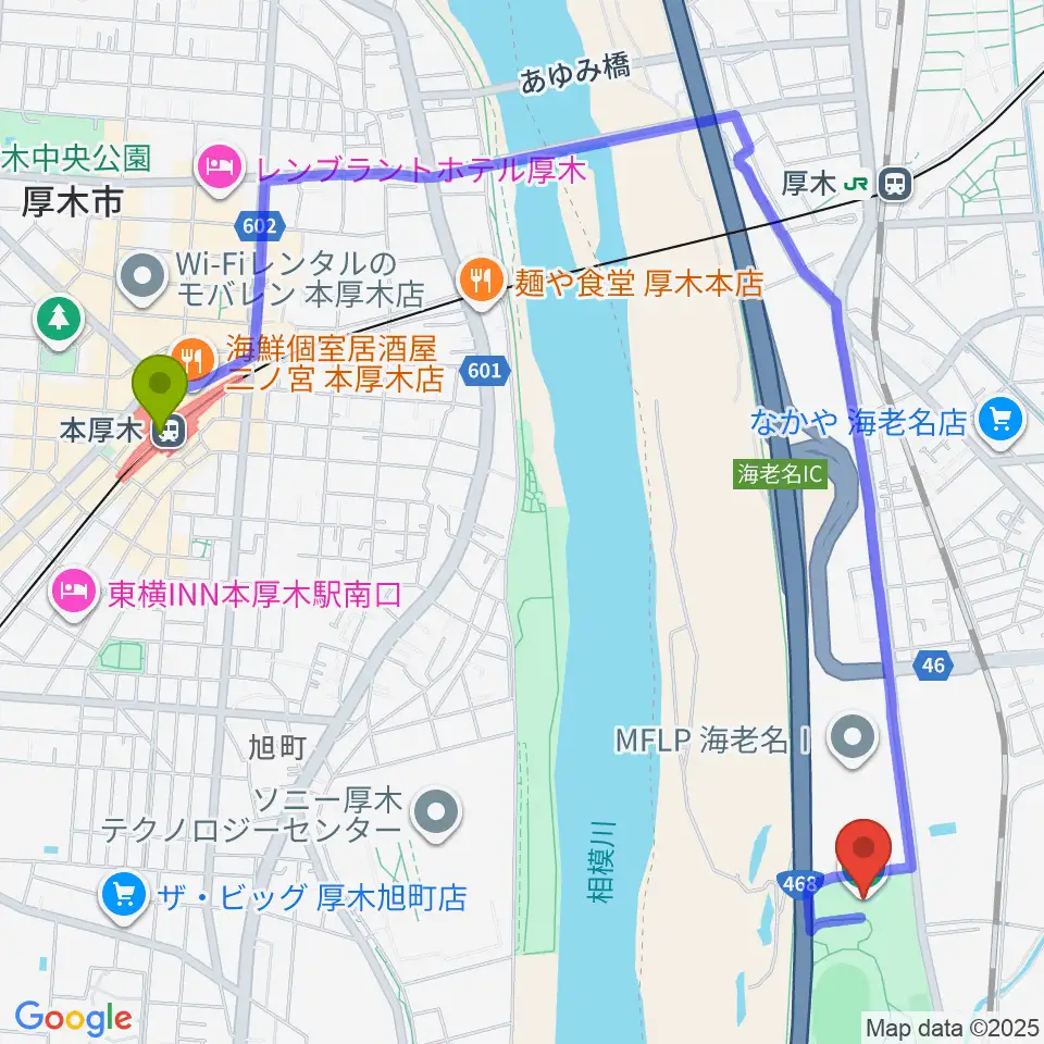 本厚木駅から海老名運動公園総合体育館へのルートマップ地図