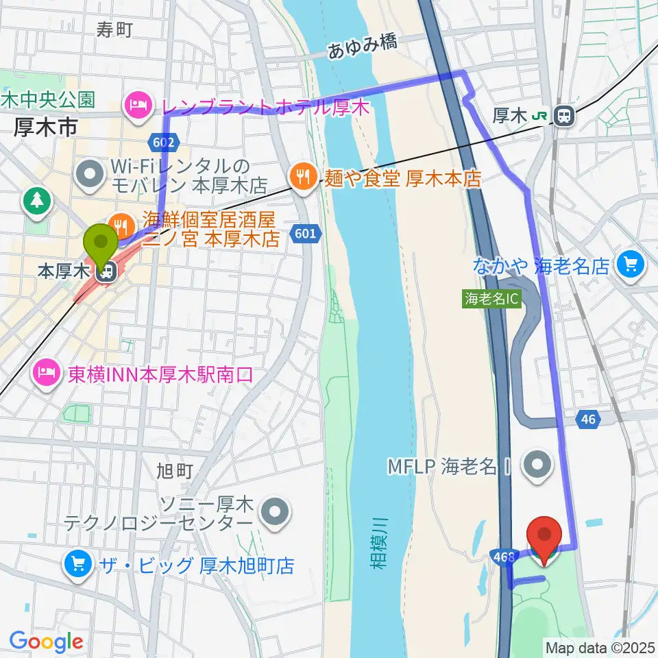 本厚木駅から海老名運動公園総合体育館へのルートマップ地図