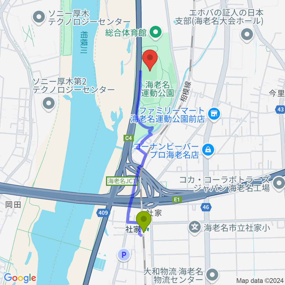 海老名運動公園陸上競技場の最寄駅社家駅からの徒歩ルート（約18分）地図