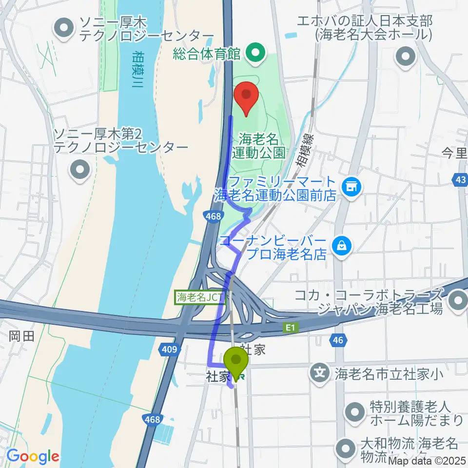 海老名運動公園陸上競技場の最寄駅社家駅からの徒歩ルート（約18分）地図