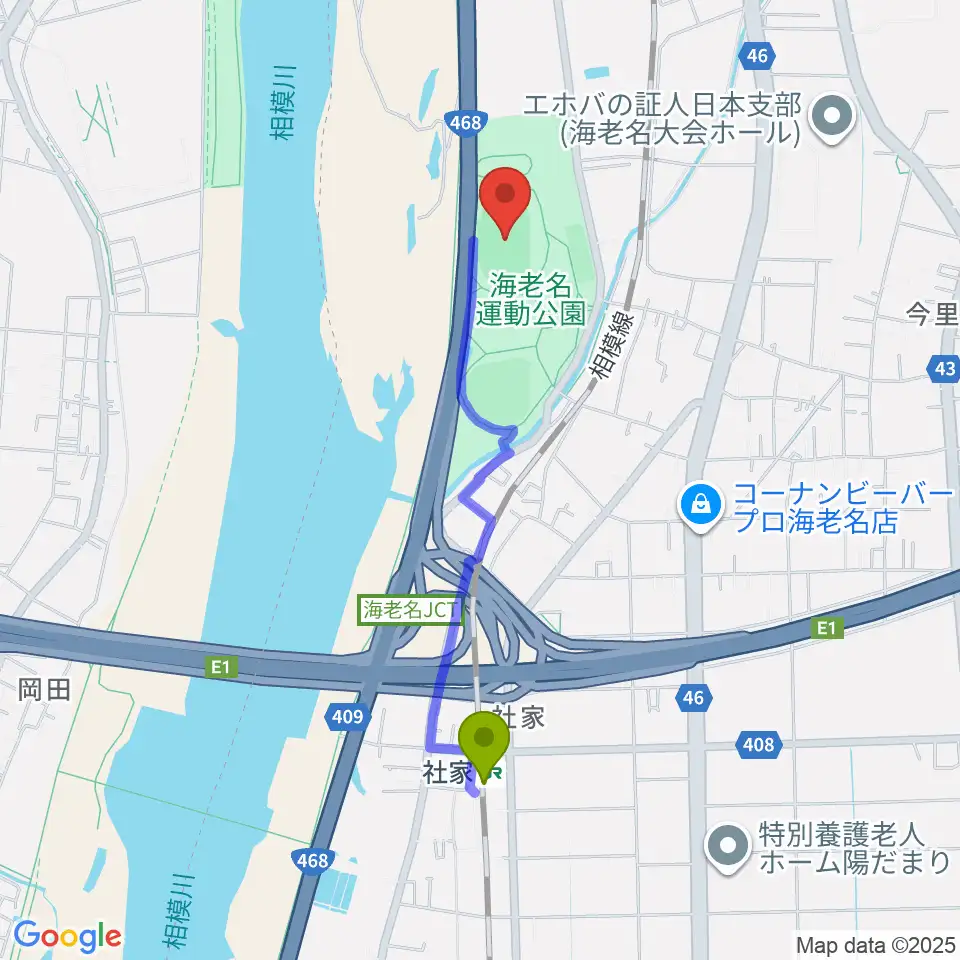 海老名運動公園陸上競技場の最寄駅社家駅からの徒歩ルート（約18分）地図