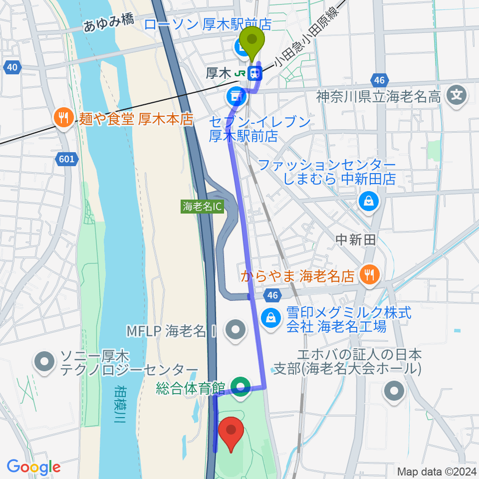 厚木駅から海老名運動公園陸上競技場へのルートマップ地図