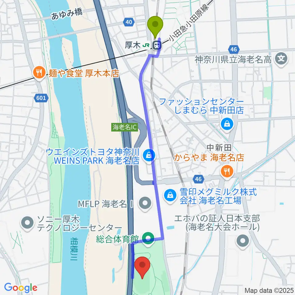 厚木駅から海老名運動公園陸上競技場へのルートマップ地図