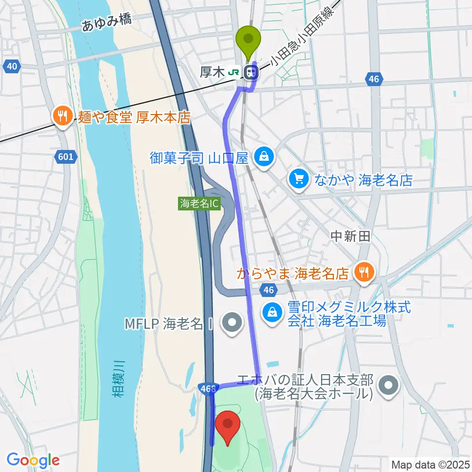 厚木駅から海老名運動公園陸上競技場へのルートマップ地図