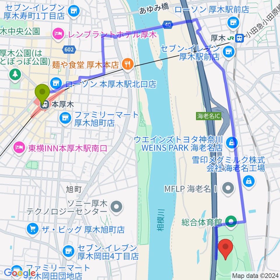 本厚木駅から海老名運動公園陸上競技場へのルートマップ地図