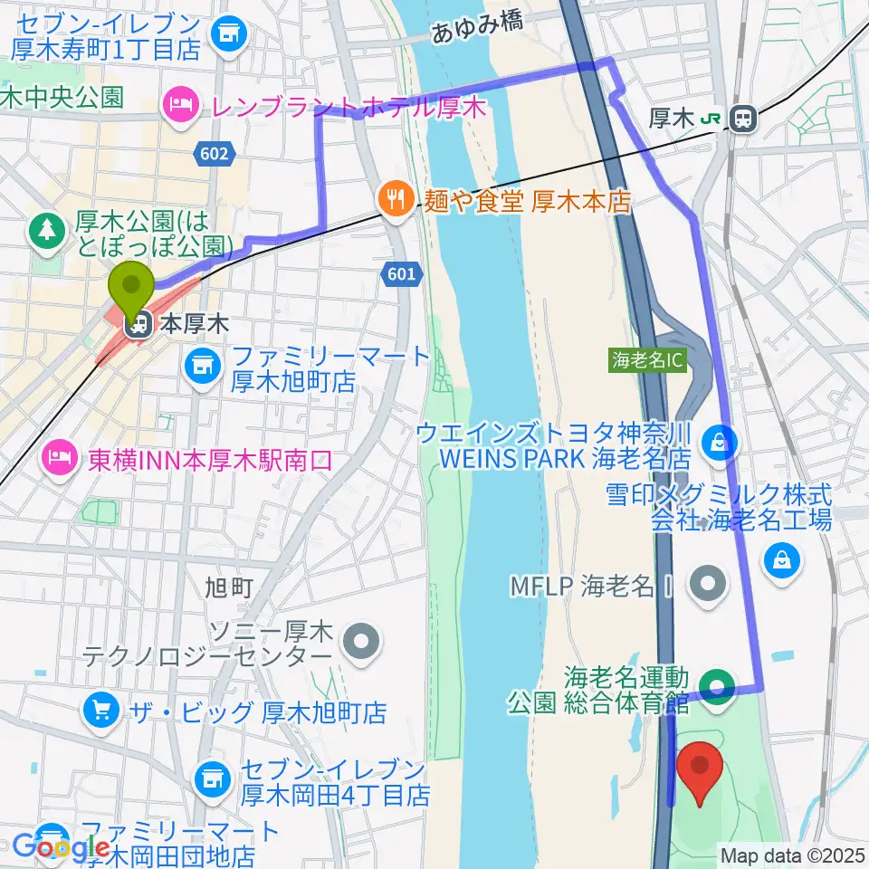 本厚木駅から海老名運動公園陸上競技場へのルートマップ地図