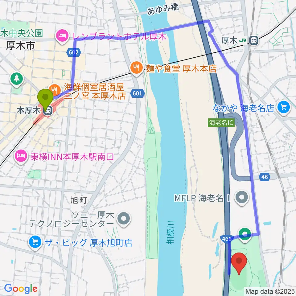 本厚木駅から海老名運動公園陸上競技場へのルートマップ地図