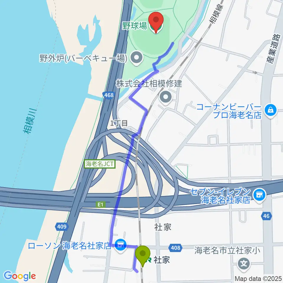 海老名運動公園野球場の最寄駅社家駅からの徒歩ルート（約13分）地図