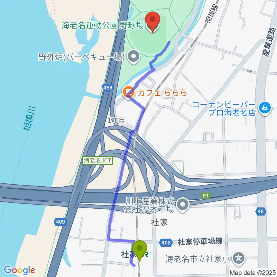 海老名運動公園野球場の最寄駅社家駅からの徒歩ルート（約13分）地図