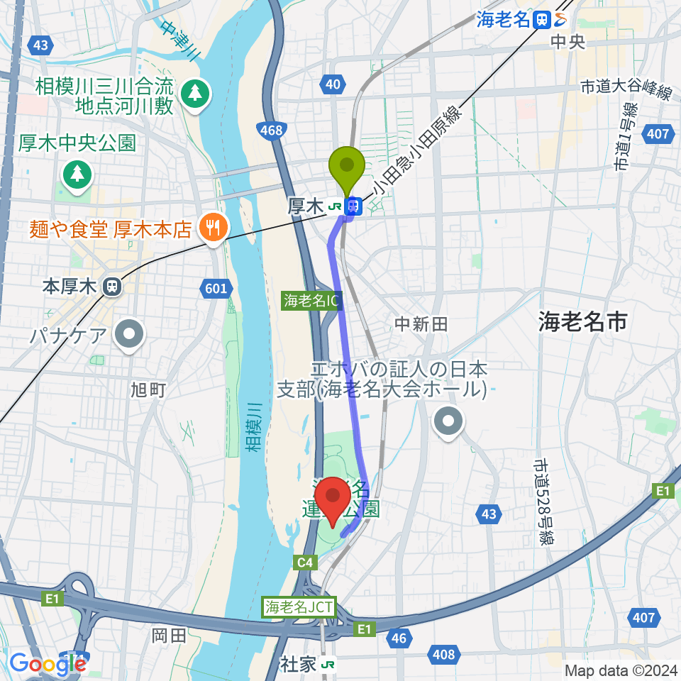 厚木駅から海老名運動公園野球場へのルートマップ地図