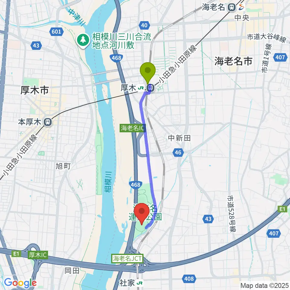 厚木駅から海老名運動公園野球場へのルートマップ地図