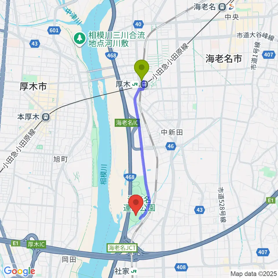 厚木駅から海老名運動公園野球場へのルートマップ地図