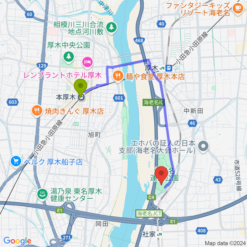 本厚木駅から海老名運動公園野球場へのルートマップ地図