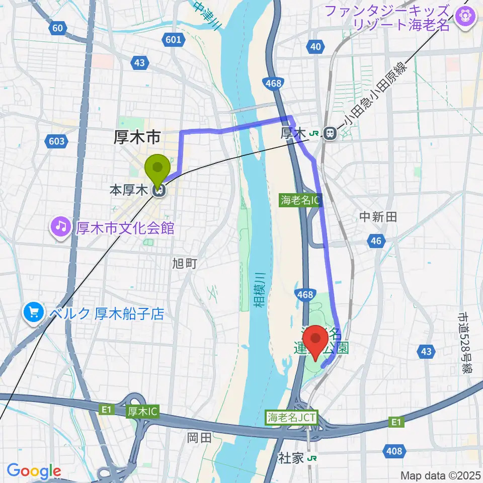 本厚木駅から海老名運動公園野球場へのルートマップ地図