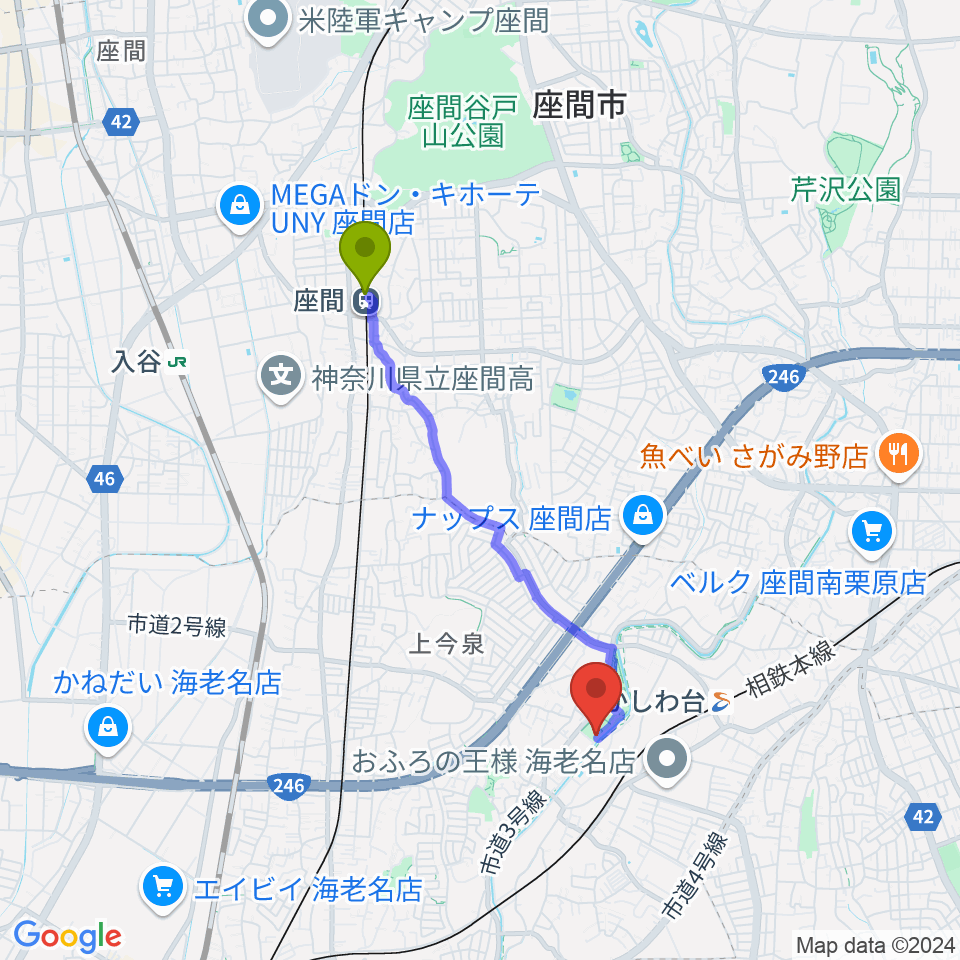 座間駅から海老名市北部公園体育館へのルートマップ地図