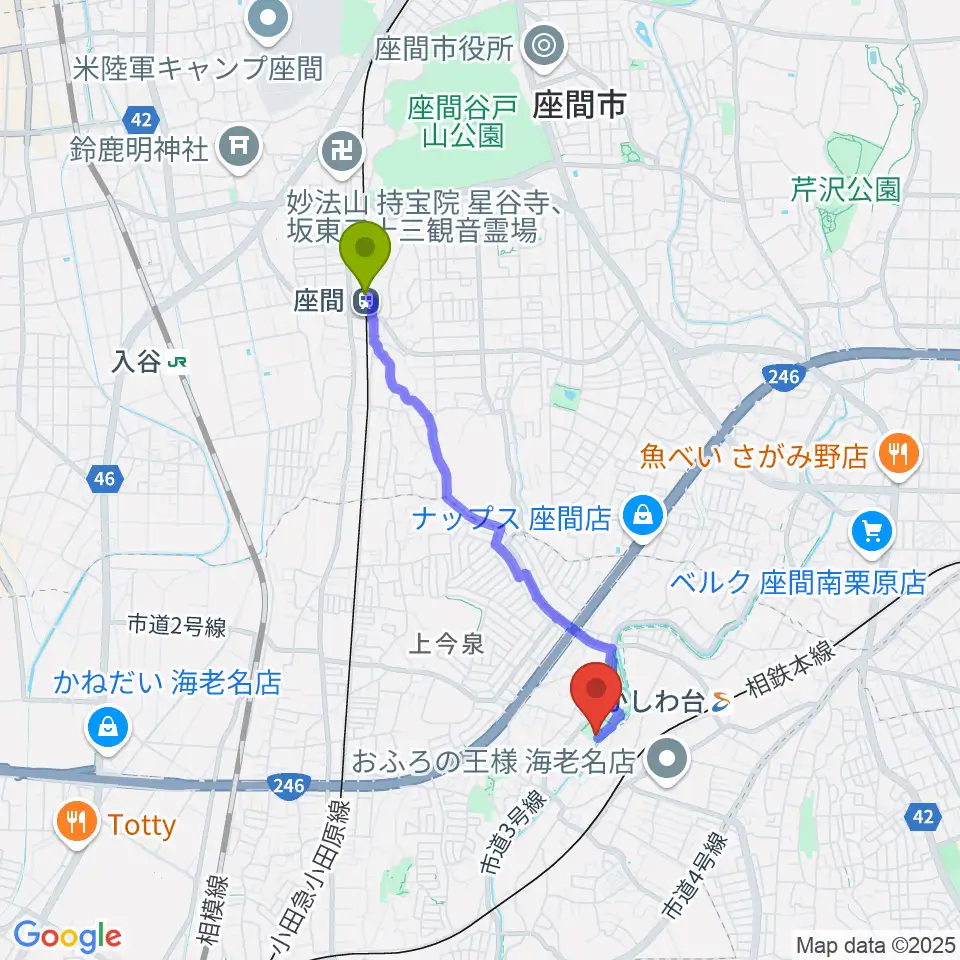 座間駅から海老名市北部公園体育館へのルートマップ地図