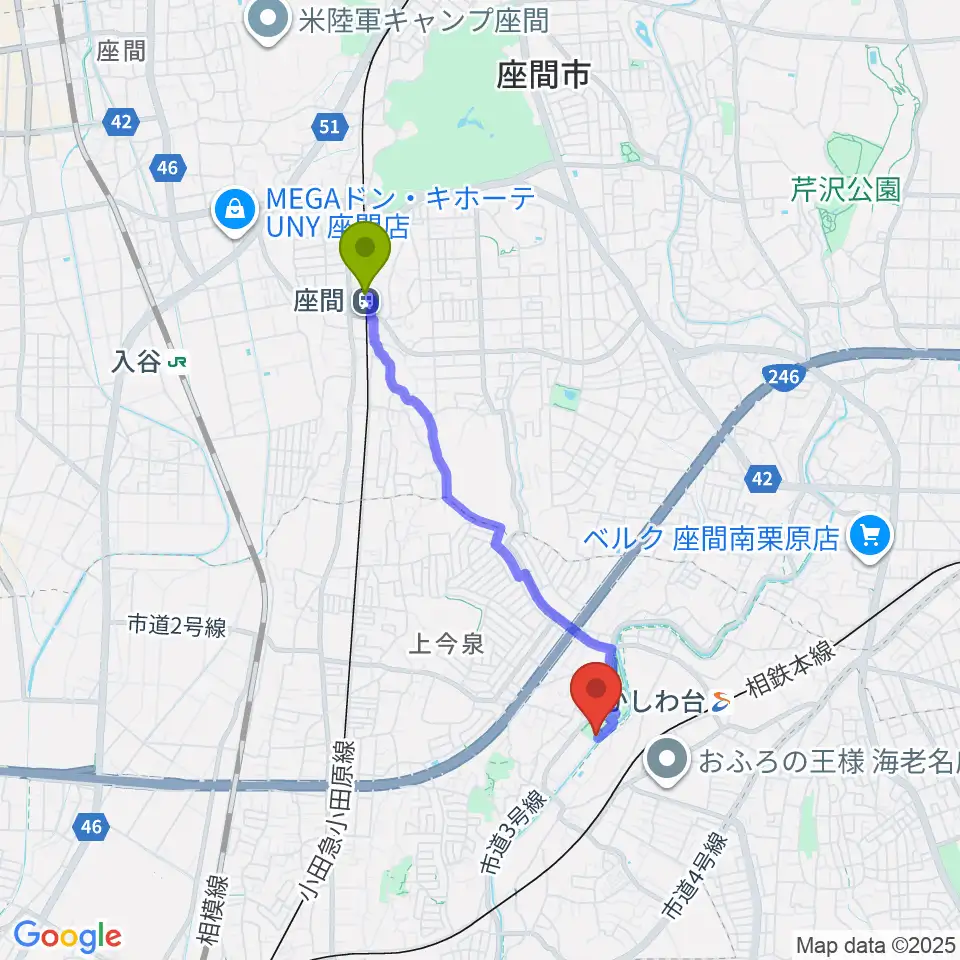 座間駅から海老名市北部公園体育館へのルートマップ地図