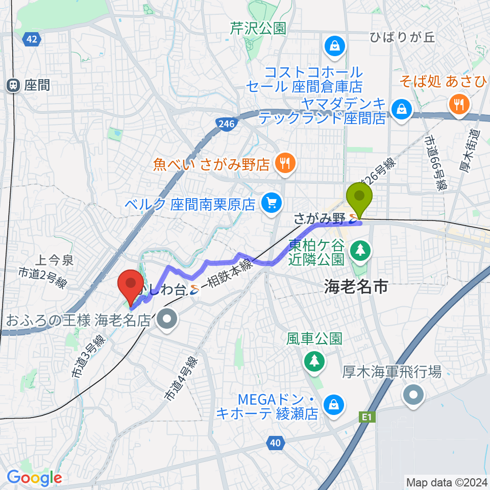 さがみ野駅から海老名市北部公園体育館へのルートマップ地図