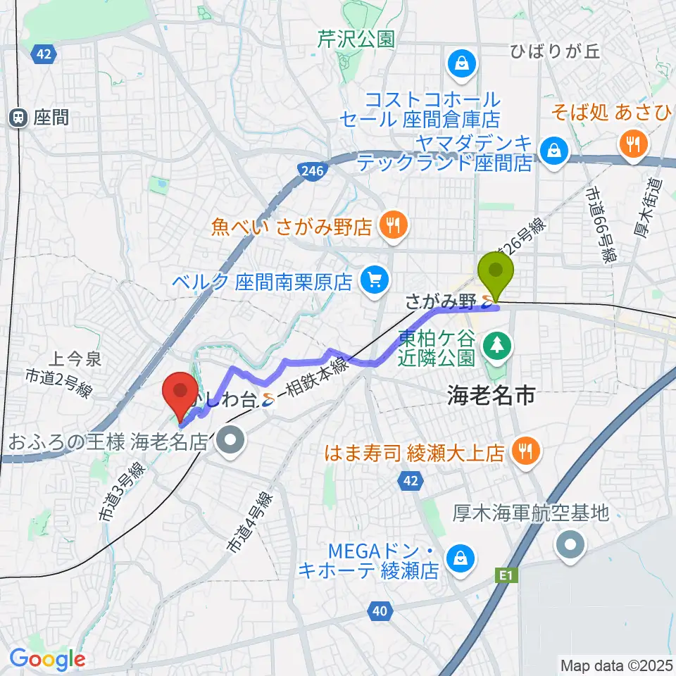 さがみ野駅から海老名市北部公園体育館へのルートマップ地図