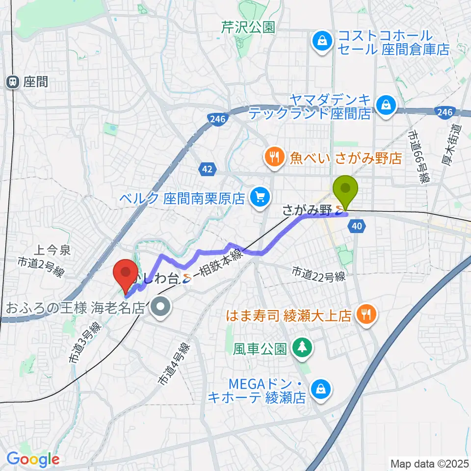 さがみ野駅から海老名市北部公園体育館へのルートマップ地図