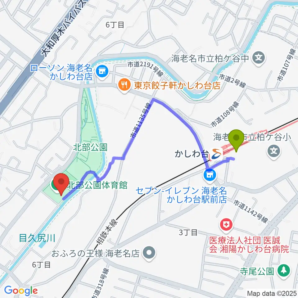 海老名市北部公園体育館の最寄駅かしわ台駅からの徒歩ルート（約9分）地図