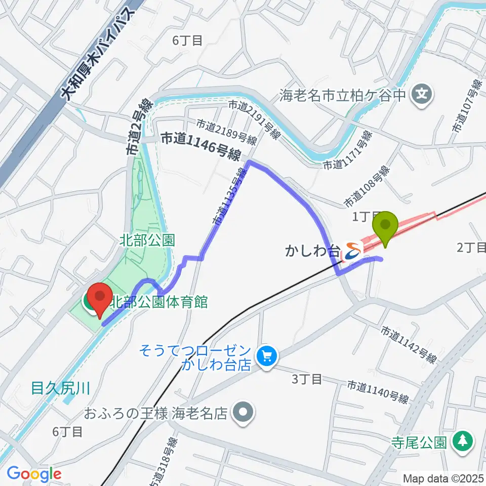 海老名市北部公園体育館の最寄駅かしわ台駅からの徒歩ルート（約9分）地図
