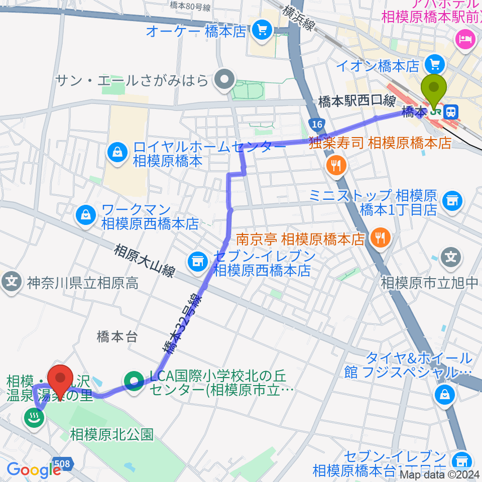 ほねごりアリーナの最寄駅橋本駅からの徒歩ルート（約31分）地図