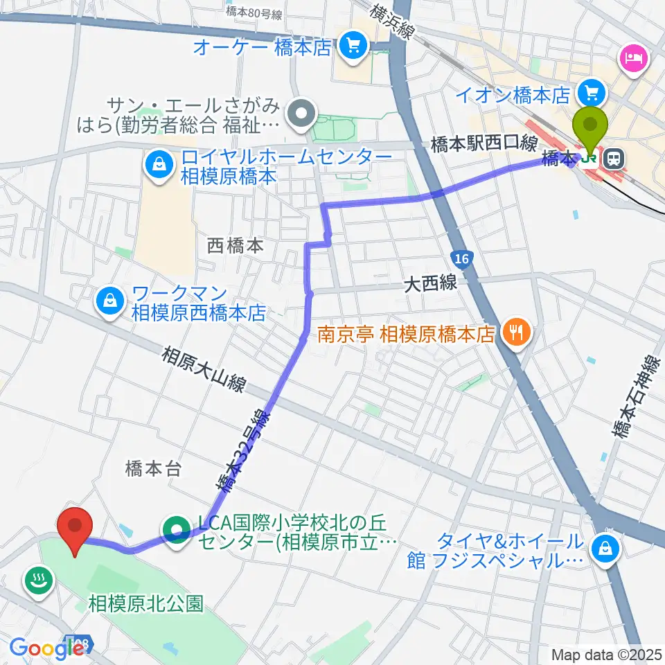 ほねごりアリーナの最寄駅橋本駅からの徒歩ルート（約31分）地図
