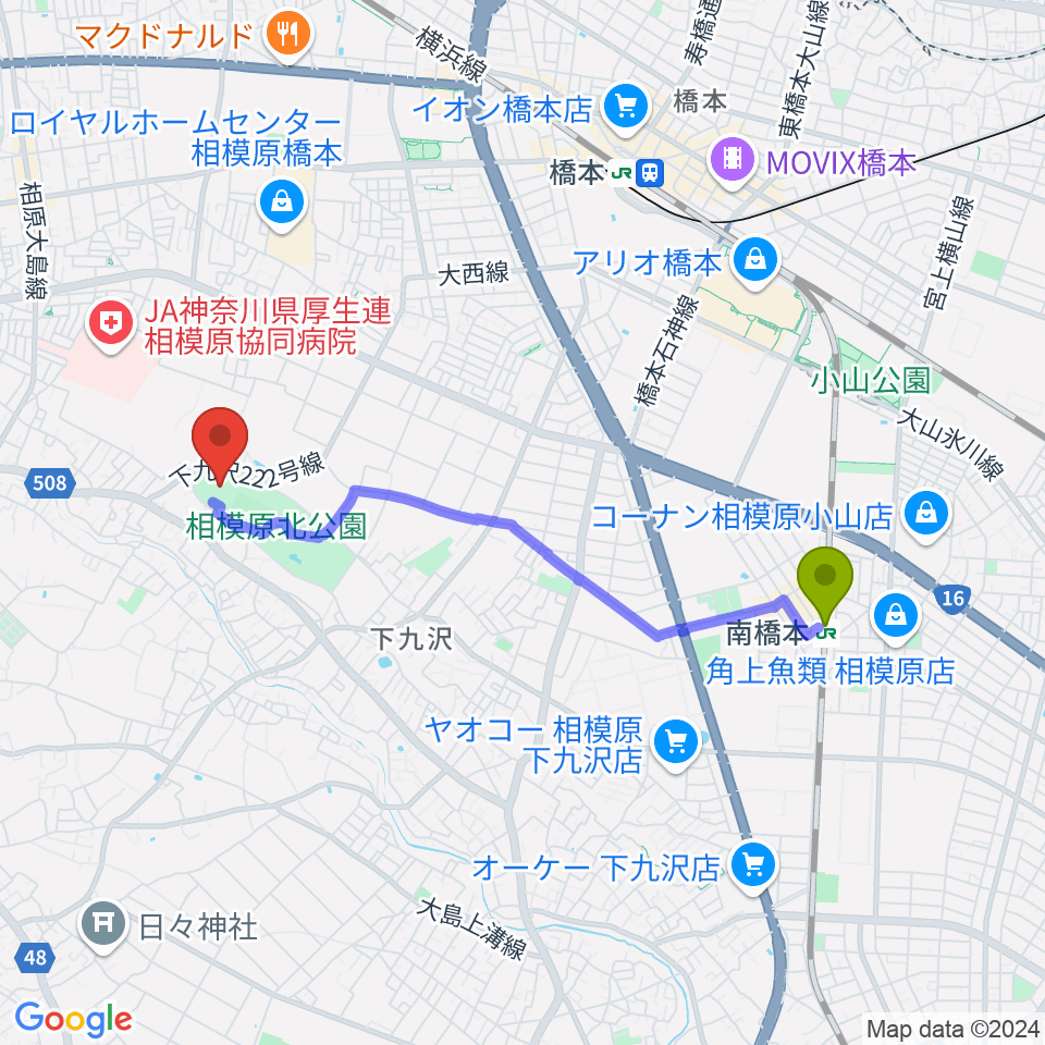 南橋本駅からほねごりアリーナへのルートマップ地図