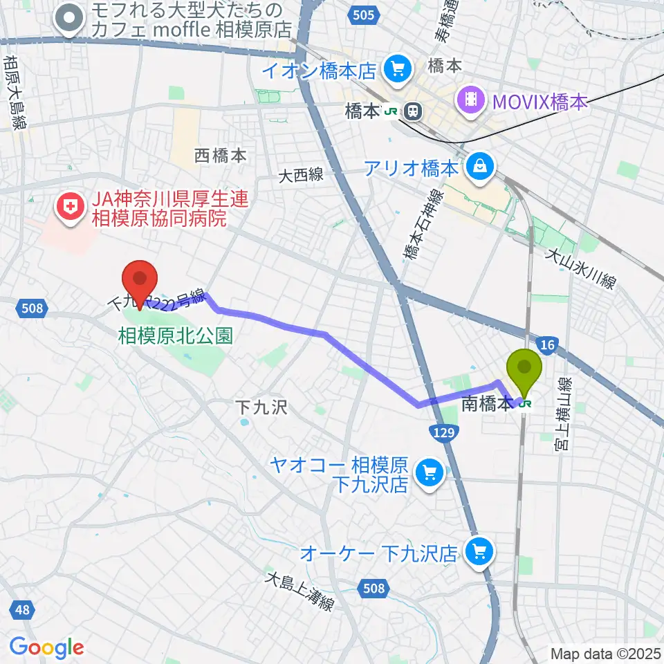 南橋本駅からほねごりアリーナへのルートマップ地図