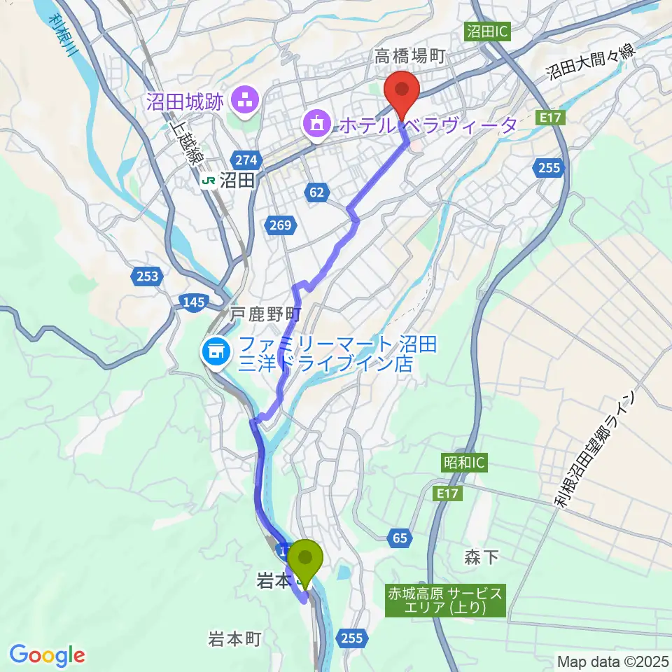 岩本駅からZACROSアリーナぬまたへのルートマップ地図