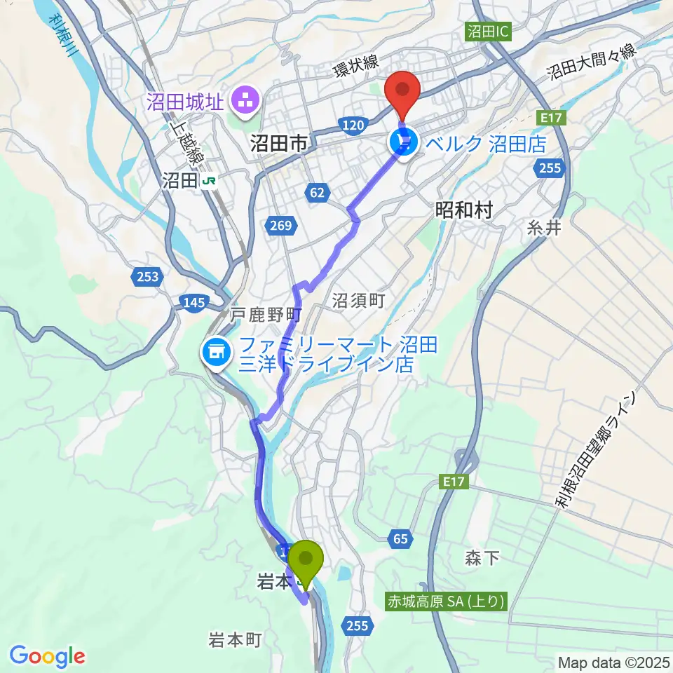 岩本駅からZACROSアリーナぬまたへのルートマップ地図