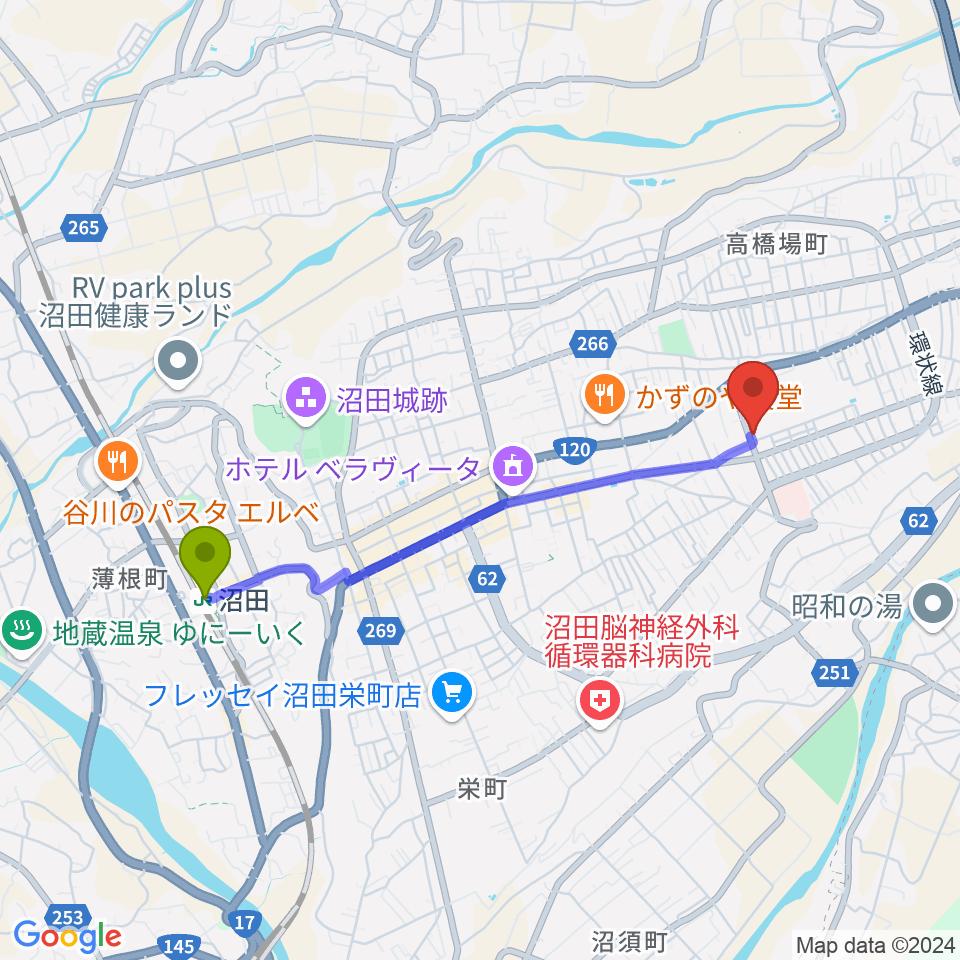 ZACROSアリーナぬまたの最寄駅沼田駅からの徒歩ルート（約37分）地図