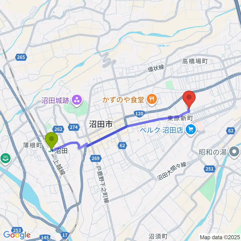 ZACROSアリーナぬまたの最寄駅沼田駅からの徒歩ルート（約37分）地図