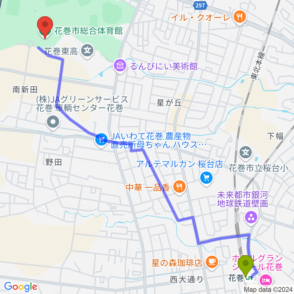 花巻市総合体育館の最寄駅花巻駅からの徒歩ルート（約31分）地図