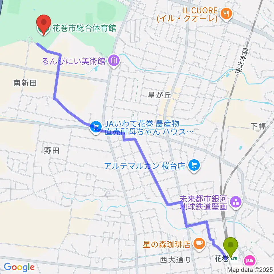 花巻市総合体育館の最寄駅花巻駅からの徒歩ルート（約31分）地図
