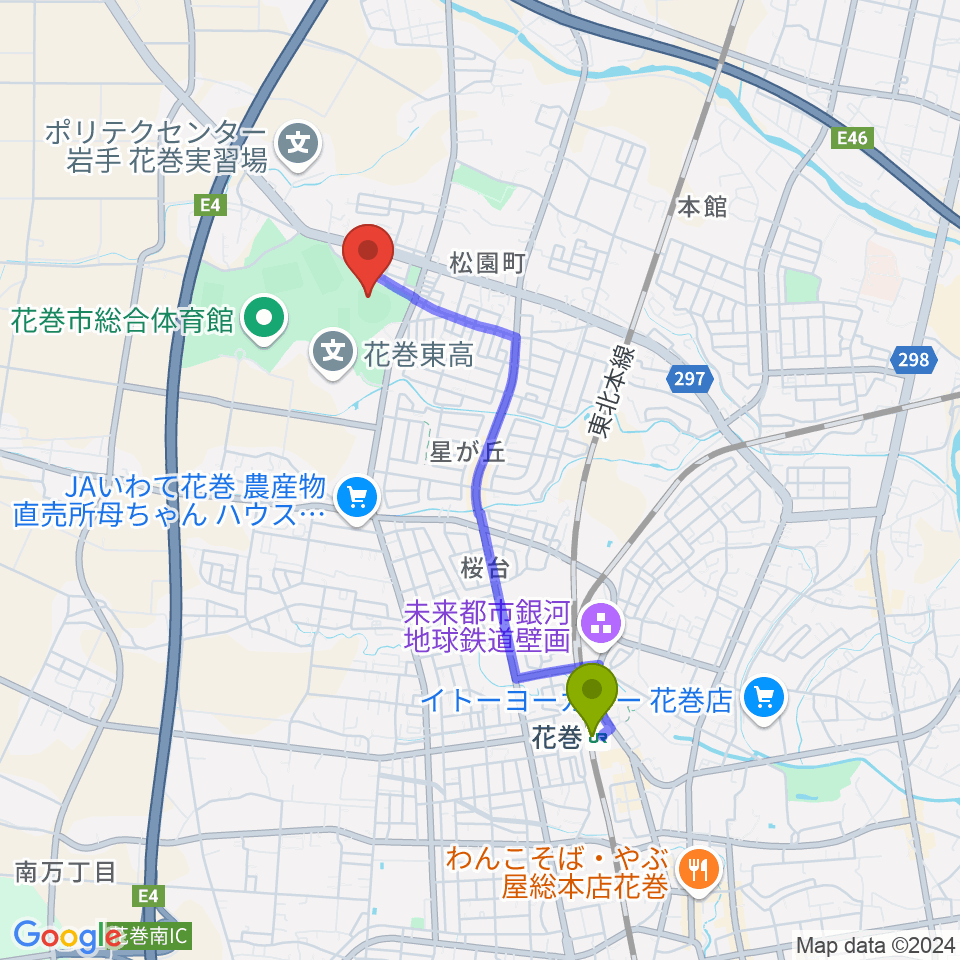 花巻球場の最寄駅花巻駅からの徒歩ルート（約30分）地図