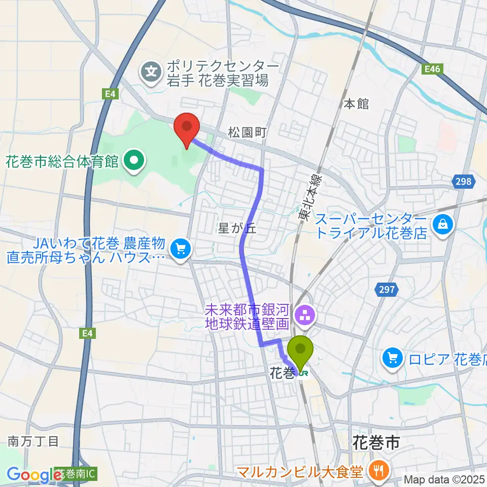花巻球場の最寄駅花巻駅からの徒歩ルート（約30分）地図