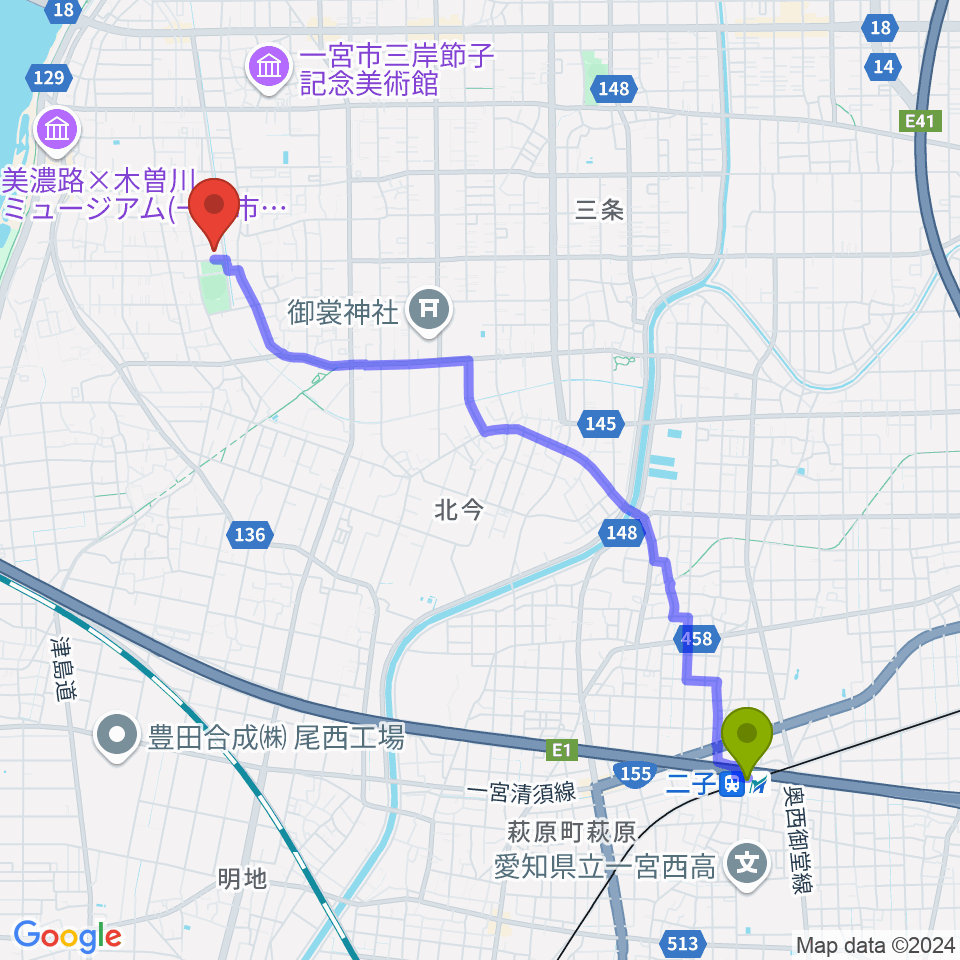 二子駅から尾西スポーツセンターへのルートマップ地図