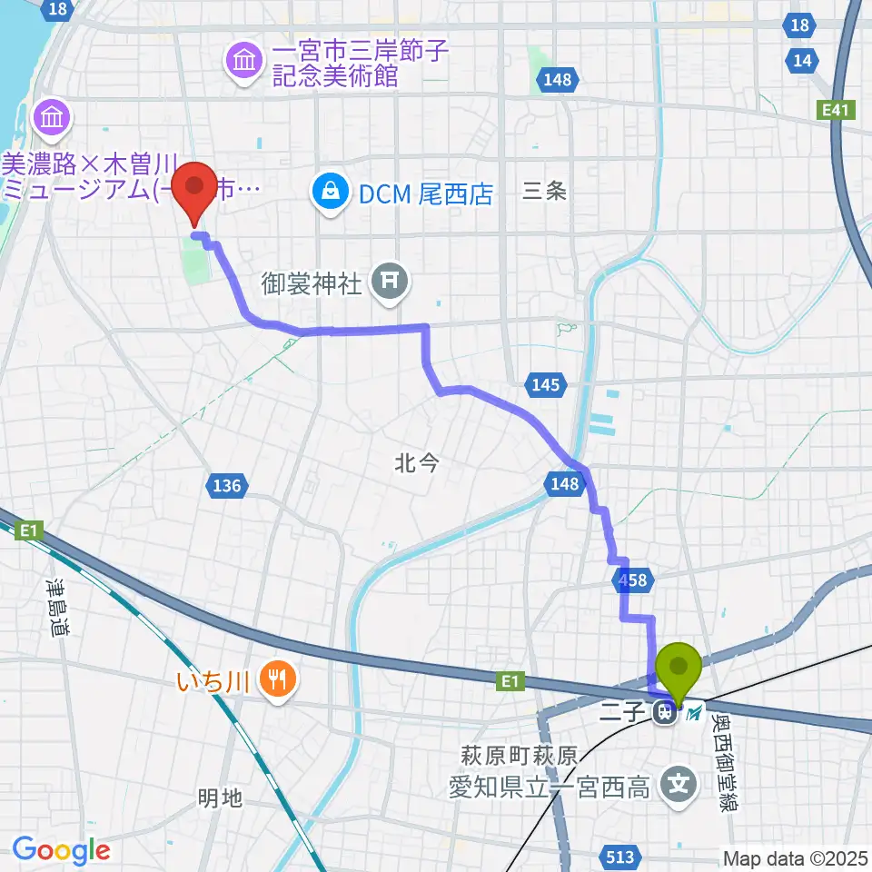 二子駅から尾西スポーツセンターへのルートマップ地図