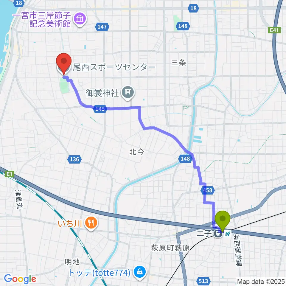 二子駅から尾西スポーツセンターへのルートマップ地図