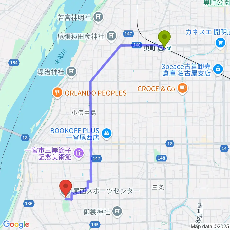 尾西スポーツセンターの最寄駅奥町駅からの徒歩ルート（約48分）地図