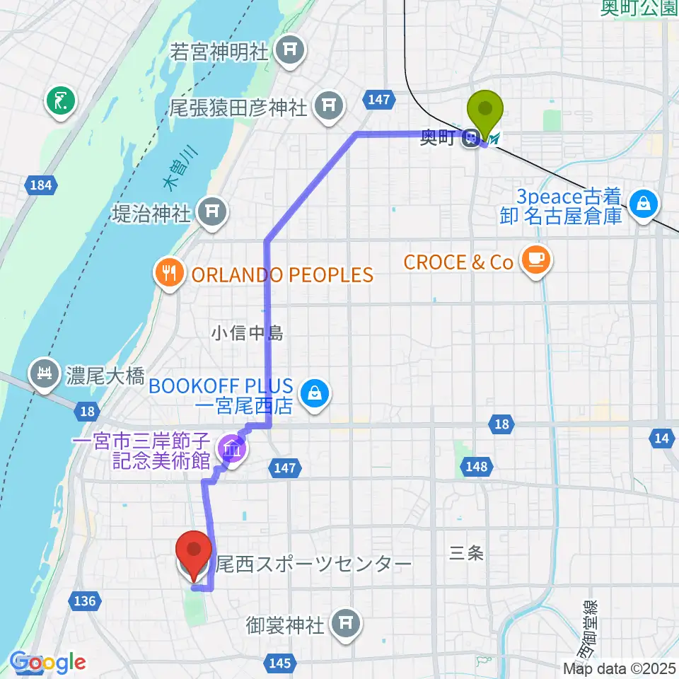尾西スポーツセンターの最寄駅奥町駅からの徒歩ルート（約48分）地図