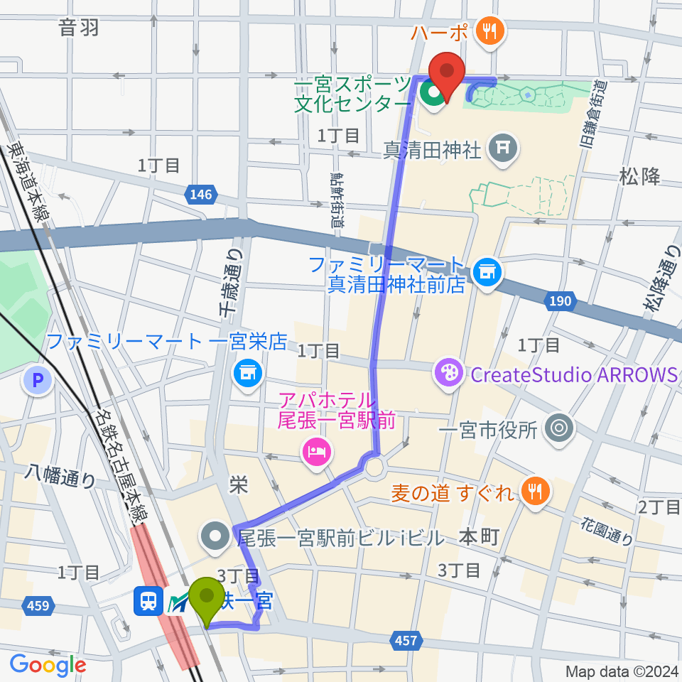 一宮スポーツ文化センターの最寄駅尾張一宮駅からの徒歩ルート（約13分）地図