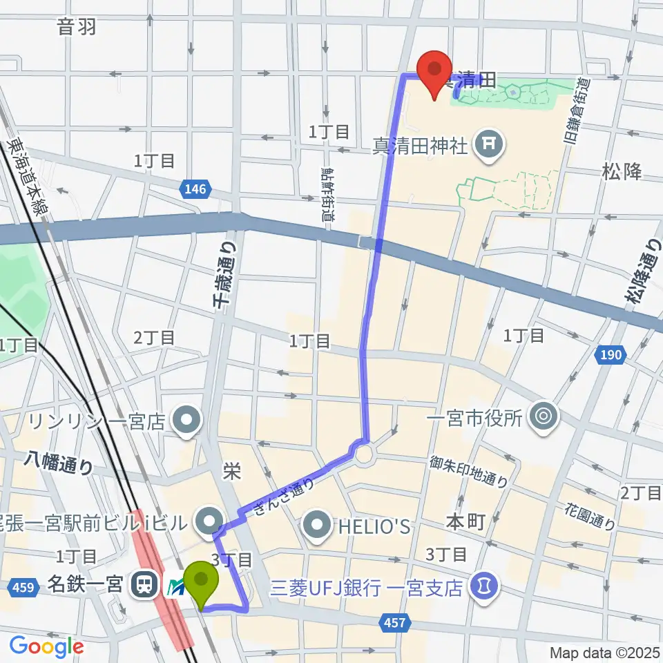 一宮スポーツ文化センターの最寄駅尾張一宮駅からの徒歩ルート（約13分）地図