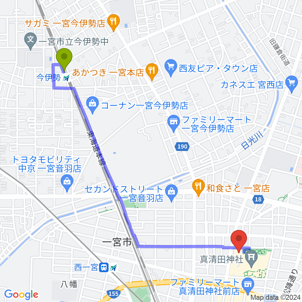 今伊勢駅から一宮スポーツ文化センターへのルートマップ地図