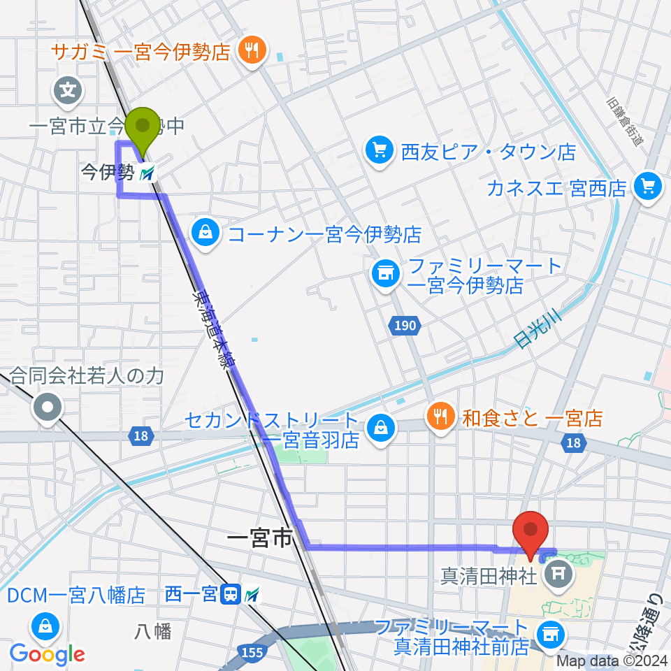 今伊勢駅から一宮スポーツ文化センターへのルートマップ地図