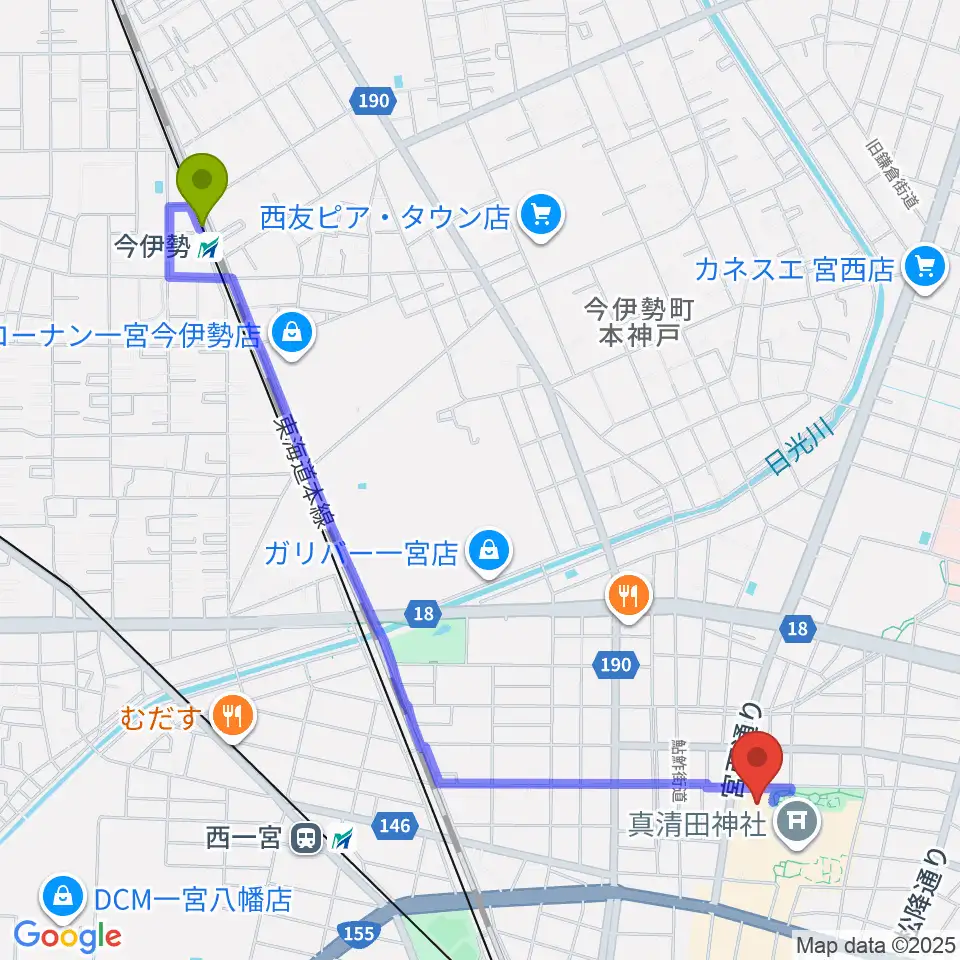 今伊勢駅から一宮スポーツ文化センターへのルートマップ地図